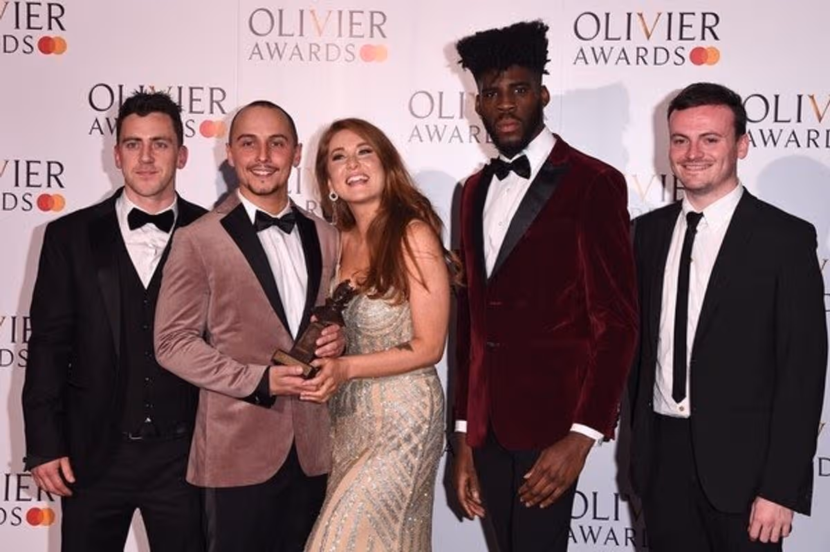 The Eastlake Productions team with their Olivier Award for Flesh and Bone