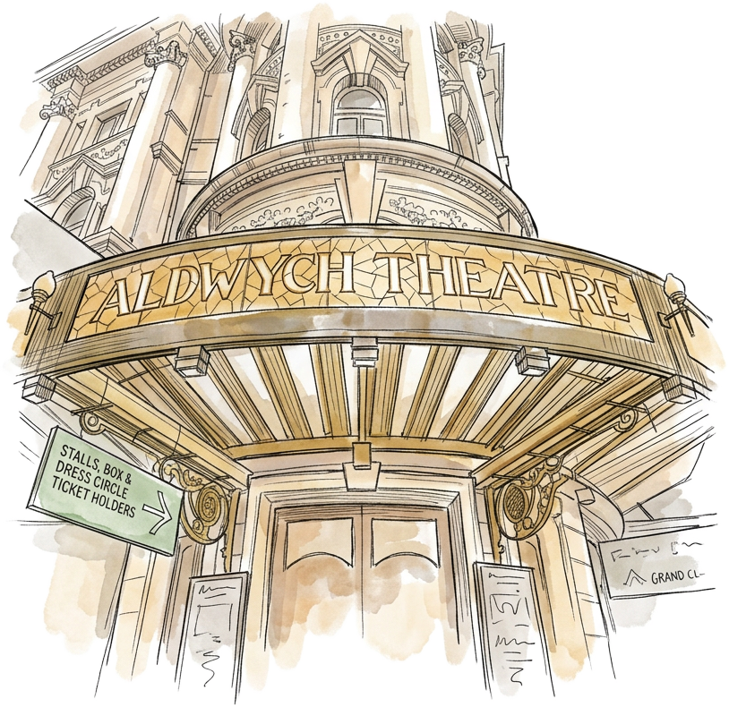 Hand-drawn illustration of the Aldwych Theatre canopy in London's West End