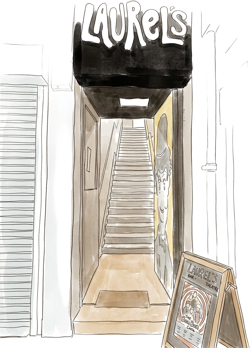 Hand-drawn illustration of the Laurel's bar and theatre stairway in Whitley Bay