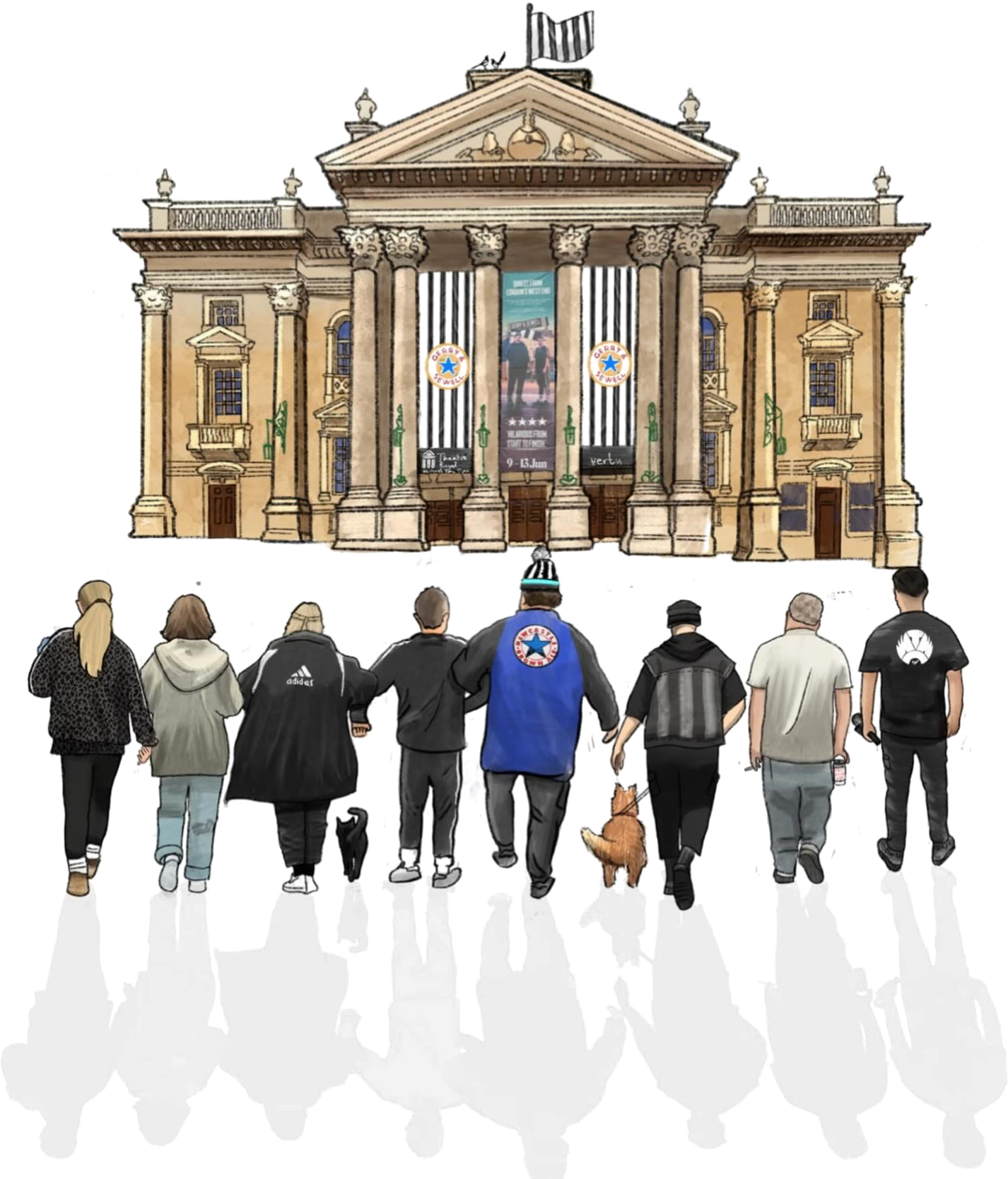 Illustration of the Gerry & Sewell company walking back towards Newcastle Theatre Royal