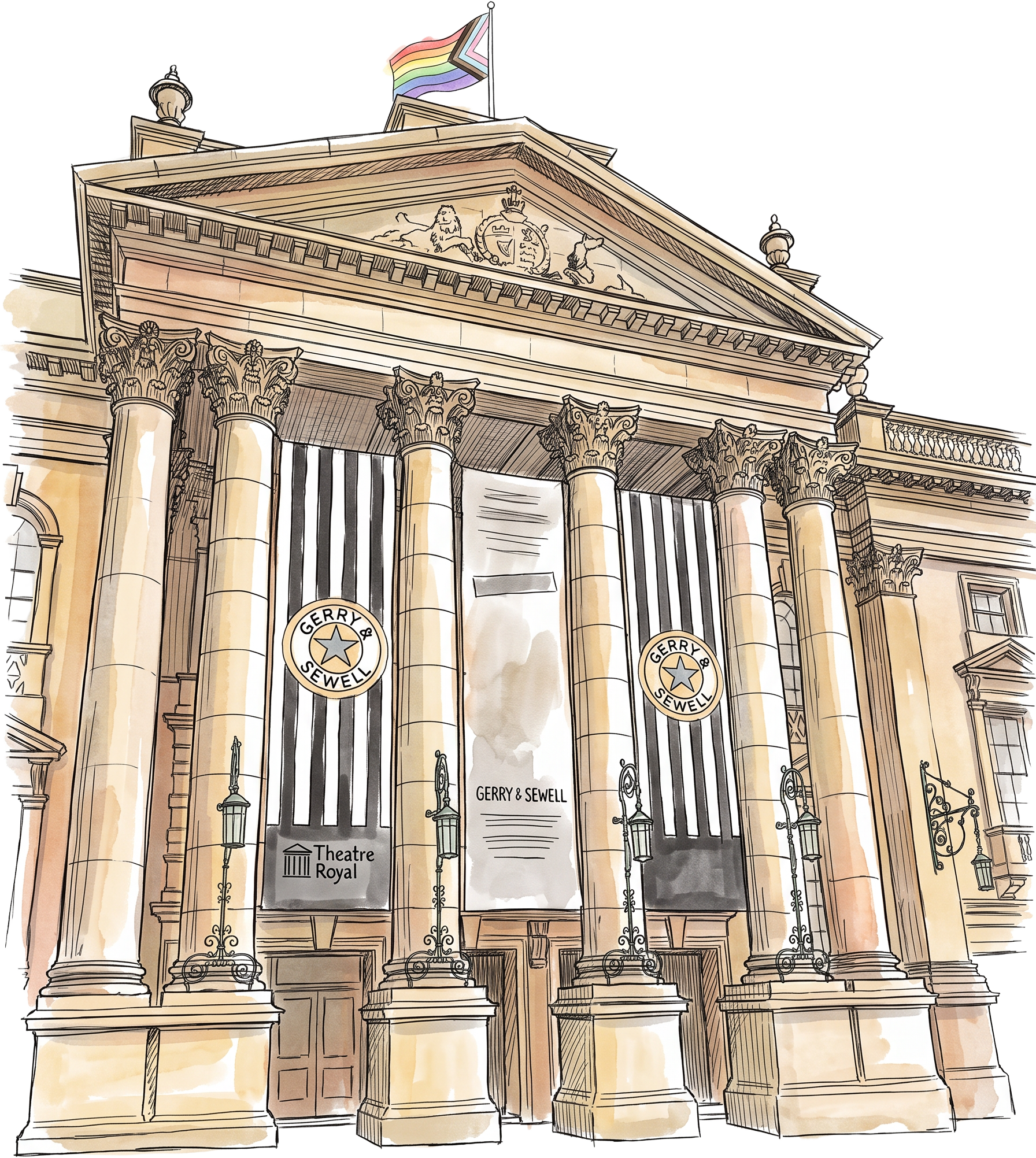 Hand-drawn illustration of Newcastle Theatre Royal with Gerry & Sewell banners